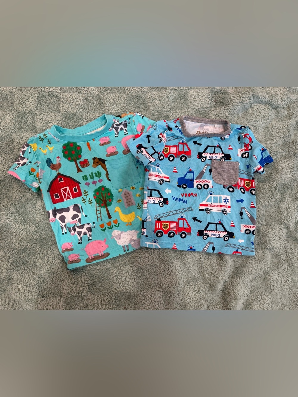 Little Sleepies Tees in Aqua Farm & Light Blue Rescue Vehicles